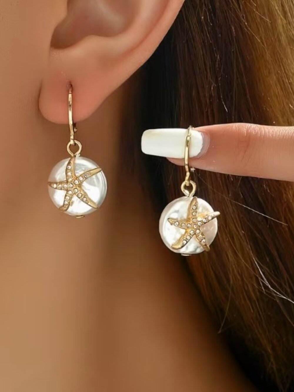 Bohemian Style Sea Wind Rhinestone Starfish Imitation Pearl Pendant Earrings